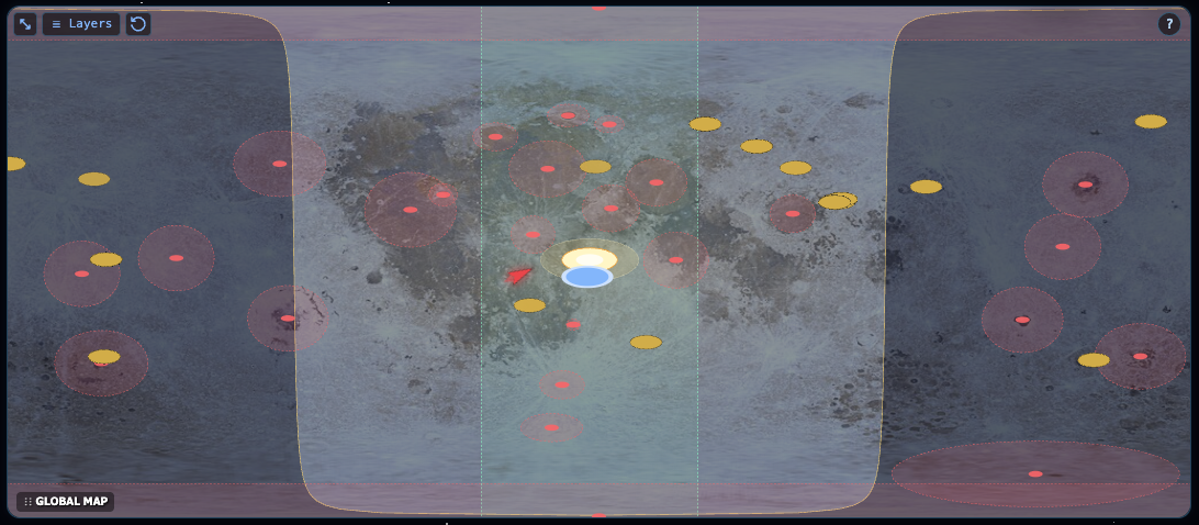 Craterra Global Map showing daylight, the lunar terminator, solar zone, landmark rings, plot markers, Sun, Earth, and camera position
